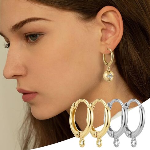 JUNCHONG 12Pcs Earring Hooks, Round Small Huggie Hoop with Loop Ear Leverback Hooks, Hypoallergenic 14mmx2mm Earring Findings for Jewelry Making, Gold in Saudi Arabia