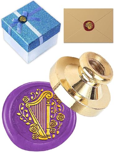 1Pcs Harp Brass Wax Seal Stamp Head, Flowers Vintage Stamp Head Golden Tone DIY Sealing Wax Tools for Envelopes Party Invitation Gift Wrapping Thanksgiving Card, 25x14.5mm in Saudi Arabia