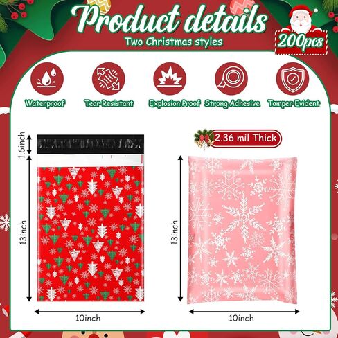 200 Pcs Christmas Poly Mailers 10x13" Snowflake Xmas Tree Envelopes Mailers Red Pink Self Adhesive Shipping Poly Bags Packaging Mailing Bags for Small Business Clothing in Saudi Arabia