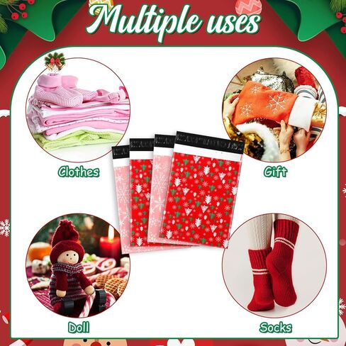 200 Pcs Christmas Poly Mailers 10x13" Snowflake Xmas Tree Envelopes Mailers Red Pink Self Adhesive Shipping Poly Bags Packaging Mailing Bags for Small Business Clothing in Saudi Arabia