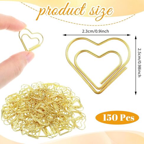 150 Pcs Gold Heart Paper Clips, Cute Metal Heart Paper Clips, Small Cute Love Shaped Stainless Steel Metal Bookmarks for Office, School Notes, Documents, Wedding Decor Crafts & Stationery in Saudi Arabia