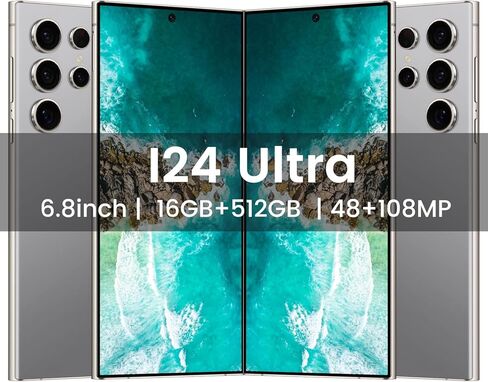 هاتف ذكي I24 Ultra 5G غير مقفل، 6 جيجابايت + 256 جيجابايت هاتف خلوي غير مقفل بالكامل لنظام Android 13، هاتف خلوي غير مقفل 6.8 بوصة، 6800 مللي أمبير، كاميرا مزدوجة 48 ميجابكسل + 108 ميجابكسل/شريحة اتصال مزدوجة/قفل بصمة الإصبع/معرف الوجه 5G هاتف in Kuwait