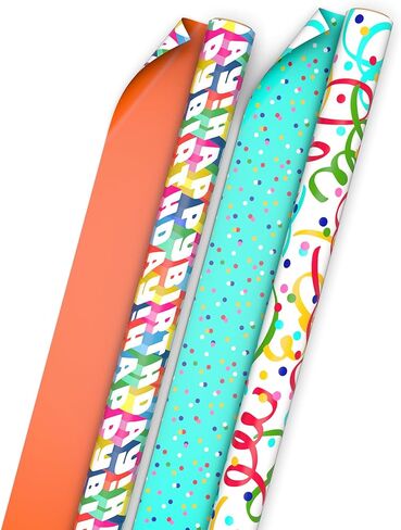 Hallmark Bulk Reversible Birthday Wrapping Paper Rolls (2 Rolls: 160 Sq. Ft. Total) Rainbow Letters, Colorful Confetti, Polka Dots on Teal, Solid Orange in Saudi Arabia