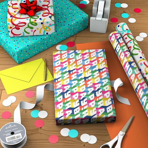 Hallmark Bulk Reversible Birthday Wrapping Paper Rolls (2 Rolls: 160 Sq. Ft. Total) Rainbow Letters, Colorful Confetti, Polka Dots on Teal, Solid Orange in Saudi Arabia
