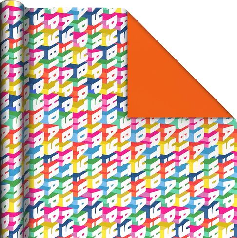 Hallmark Bulk Reversible Birthday Wrapping Paper Rolls (2 Rolls: 160 Sq. Ft. Total) Rainbow Letters, Colorful Confetti, Polka Dots on Teal, Solid Orange in Saudi Arabia