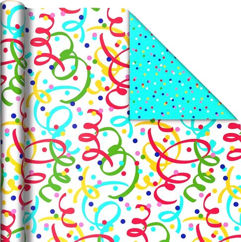 Hallmark Bulk Reversible Birthday Wrapping Paper Rolls (2 Rolls: 160 Sq. Ft. Total) Rainbow Letters, Colorful Confetti, Polka Dots on Teal, Solid Orange in Saudi Arabia