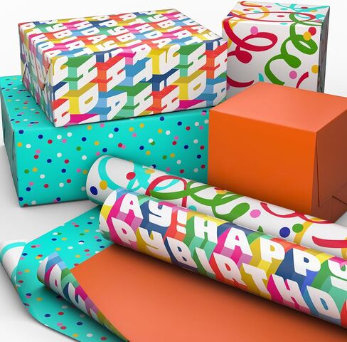 Hallmark Bulk Reversible Birthday Wrapping Paper Rolls (2 Rolls: 160 Sq. Ft. Total) Rainbow Letters, Colorful Confetti, Polka Dots on Teal, Solid Orange in Saudi Arabia