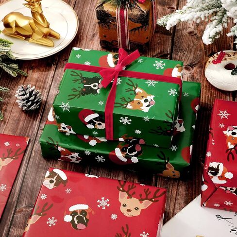 8 Sheets Christmas Dog Wrapping Paper -Not Roll- Red Green Gift Wrap Paper Folded Flat Art Paper for DIY Crafts Xmas Birthday Party Supplies, 19.7 x 27.6 Inch in Saudi Arabia
