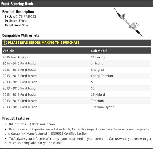 Front Electric Power Steering Rack - Compatible with 2013-2016 Ford Fusion in Saudi Arabia