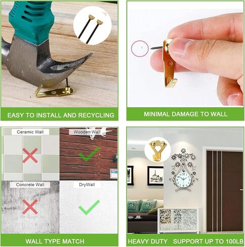 Picture Hangers,Picture Hanging Kit, Heavy Duty Picture Hooks with Nails and Hardware for Wall Mounting Picture Frame, Canvas, Mirror Hanging, Holds 10-100 lbs,Golden (120PCS) in Saudi Arabia