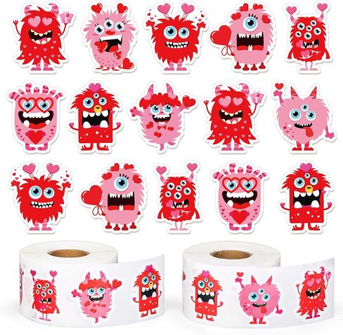 1200Pcs Valentine's Day Cute Monster Stickers Roll Red Pink Self-Adhesive Sticker Decals Arts and Crafts Decorative Envelope Seals for Holiday Envelopes Scrapbook Gifts DIY in Saudi Arabia