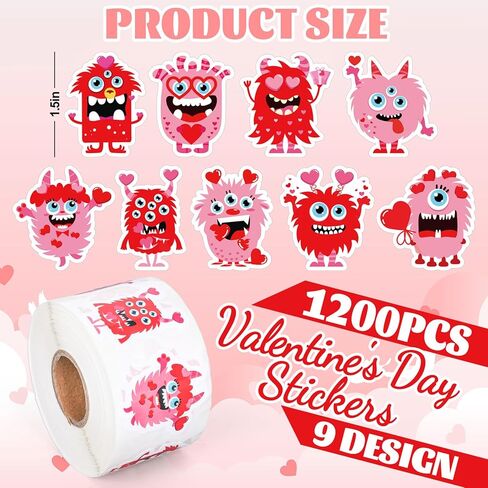 1200Pcs Valentine's Day Cute Monster Stickers Roll Red Pink Self-Adhesive Sticker Decals Arts and Crafts Decorative Envelope Seals for Holiday Envelopes Scrapbook Gifts DIY in Saudi Arabia