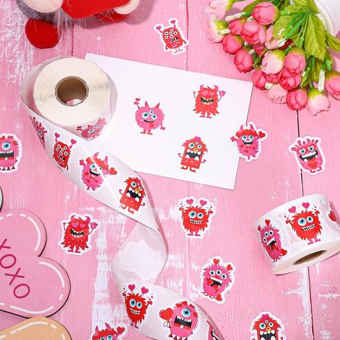 1200Pcs Valentine's Day Cute Monster Stickers Roll Red Pink Self-Adhesive Sticker Decals Arts and Crafts Decorative Envelope Seals for Holiday Envelopes Scrapbook Gifts DIY in Saudi Arabia