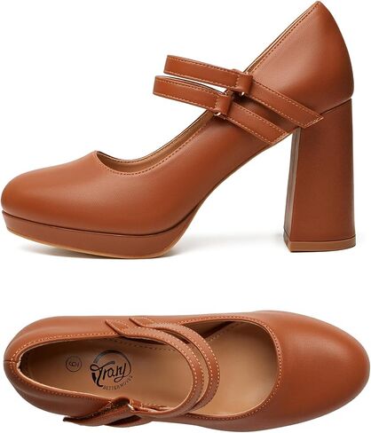 Trary Platform Mary Jane Shoes Womens Heels, Chunky Heels Mary Janes Dress Shoes for Women Close Round Toe Pumps Shoes with Buckle Strap for Office Party Casual Wedding in Kuwait