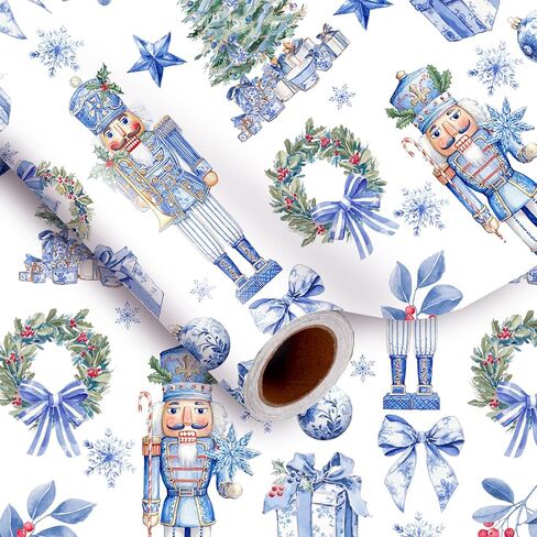 Whaline Christmas Wrapping Paper -Mini Roll- 17 In x 32.8 Ft Blue Nutcracker Xmas Tree Wreath Gift Wrap Paper Decorative Art Papers for Holiday Birthday Party DIY Crafts Supplies in Saudi Arabia