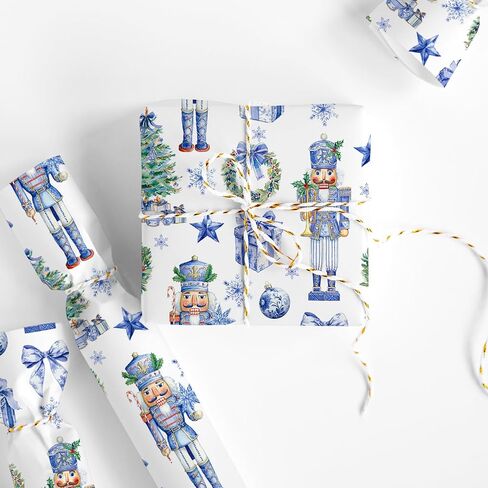 Whaline Christmas Wrapping Paper -Mini Roll- 17 In x 32.8 Ft Blue Nutcracker Xmas Tree Wreath Gift Wrap Paper Decorative Art Papers for Holiday Birthday Party DIY Crafts Supplies in Saudi Arabia