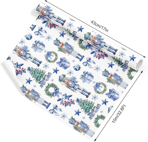 Whaline Christmas Wrapping Paper -Mini Roll- 17 In x 32.8 Ft Blue Nutcracker Xmas Tree Wreath Gift Wrap Paper Decorative Art Papers for Holiday Birthday Party DIY Crafts Supplies in Saudi Arabia