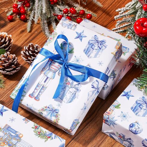 Whaline Christmas Wrapping Paper -Mini Roll- 17 In x 32.8 Ft Blue Nutcracker Xmas Tree Wreath Gift Wrap Paper Decorative Art Papers for Holiday Birthday Party DIY Crafts Supplies in Saudi Arabia