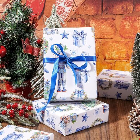Whaline Christmas Wrapping Paper -Mini Roll- 17 In x 32.8 Ft Blue Nutcracker Xmas Tree Wreath Gift Wrap Paper Decorative Art Papers for Holiday Birthday Party DIY Crafts Supplies in Saudi Arabia