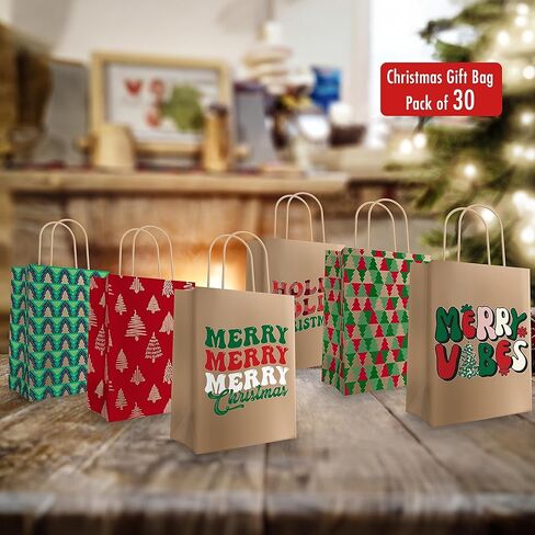 EasyKart Kraft Gift Bags - 30 Christmas Goody Bags, 6 Designs, Classroom & Party Favors (9 x 7.3 x 3.3) in Saudi Arabia