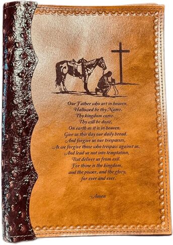 Leather Bible Cover, Praying Cowboy and Lord's Prayer Design, Cognac Brown with Ostrich Binding, 9.75x6.375x2 inches in Saudi Arabia
