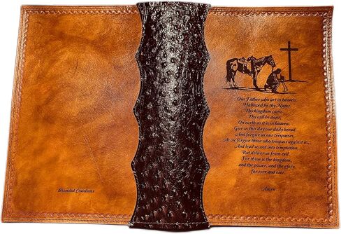 Leather Bible Cover, Praying Cowboy and Lord's Prayer Design, Cognac Brown with Ostrich Binding, 9.75x6.375x2 inches in Saudi Arabia