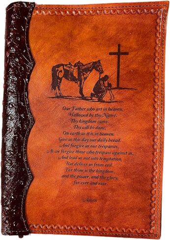 Leather Bible Cover, Praying Cowboy and Lord's Prayer Design, Cognac Brown with Ostrich Binding, 9.75x6.375x2 inches in Saudi Arabia