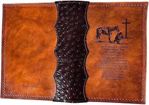 Leather Bible Cover, Praying Cowboy and Lord's Prayer Design, Cognac Brown with Ostrich Binding, 9.75x6.375x2 inches in Saudi Arabia