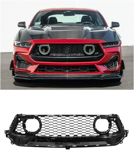 Replacement For 2024-Present Ford S650 Mustang EcoBoost & GT Models | GTV Style ABS Plastic - Painted Glossy Black Replacement Front Upper Grille Insert Air Intakes with LED Accent Lighting Cover in Saudi Arabia
