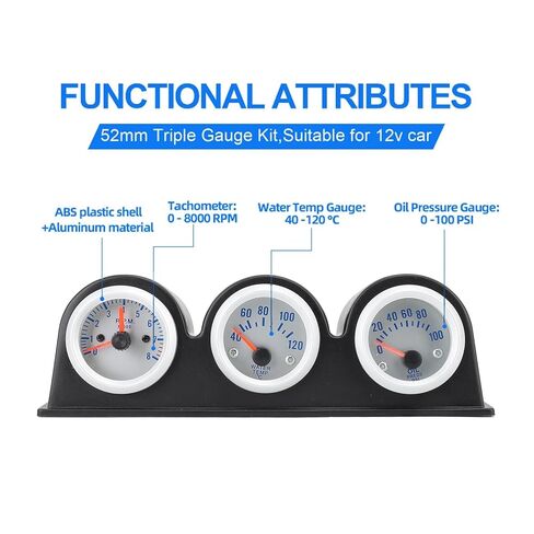 3 in 1 Car Gauge Meter, Premium ABS Triple Auto Gauge Kit Water Temperature Tachometer Oil Pressure Indicator Panel for All 12V 4/6/8 Cylinder Gasoline Cars, LED Display in Saudi Arabia
