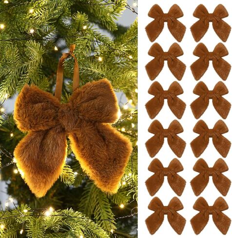 XunYee 12 Pcs 6.4 Inch Fur Large Burgundy Velvet Christmas Tree Bows Furry Plush Bows Hanging Ornament Crafts for Xmas Tree Fireplace Wreaths Indoor Outdoor Door Home Decor in Saudi Arabia