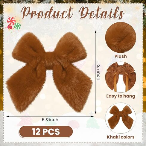 XunYee 12 Pcs 6.4 Inch Fur Large Burgundy Velvet Christmas Tree Bows Furry Plush Bows Hanging Ornament Crafts for Xmas Tree Fireplace Wreaths Indoor Outdoor Door Home Decor in Saudi Arabia