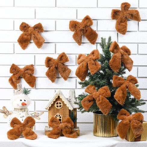 XunYee 12 Pcs 6.4 Inch Fur Large Burgundy Velvet Christmas Tree Bows Furry Plush Bows Hanging Ornament Crafts for Xmas Tree Fireplace Wreaths Indoor Outdoor Door Home Decor in Saudi Arabia