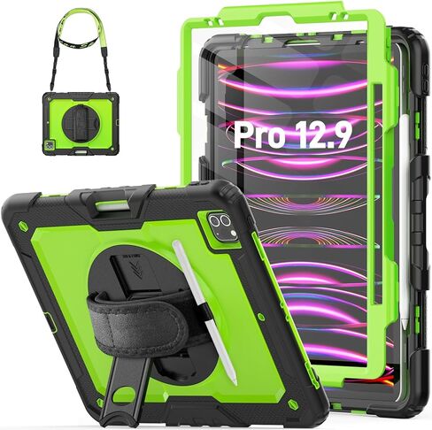 حافظة HXCASEAC لجهاز iPad Pro 12.9 بوصة (Pro 6th 5th 4th 3rd) مقاومة للصدمات مع واقي شاشة/حامل قلم/حزام يد، [3 طبقات] حافظة iPad Pro 12.9 شديدة التحمل 2022/2021/2020/2018، أسود in Kuwait