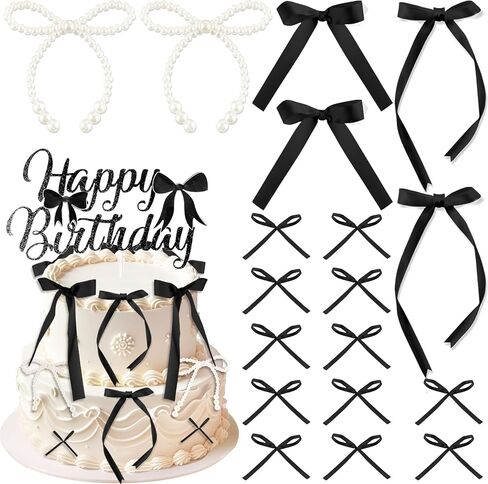 40 قطعة القوس كب كيك توبر أسود 1 عيد ميلاد سعيد لؤلؤة Bowknot كعكة توبر Coquette 3D الشريط كب كيك الزينة لاستحمام الطفل لطيف كعكة الحلوى يختار الجمالية حفل زفاف غرفة ديكور لوازم in Kuwait