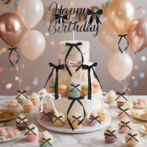 40 قطعة القوس كب كيك توبر أسود 1 عيد ميلاد سعيد لؤلؤة Bowknot كعكة توبر Coquette 3D الشريط كب كيك الزينة لاستحمام الطفل لطيف كعكة الحلوى يختار الجمالية حفل زفاف غرفة ديكور لوازم in Kuwait