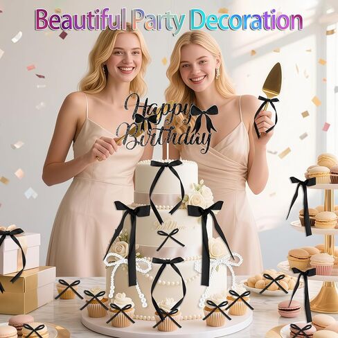 40 قطعة القوس كب كيك توبر أسود 1 عيد ميلاد سعيد لؤلؤة Bowknot كعكة توبر Coquette 3D الشريط كب كيك الزينة لاستحمام الطفل لطيف كعكة الحلوى يختار الجمالية حفل زفاف غرفة ديكور لوازم in Kuwait