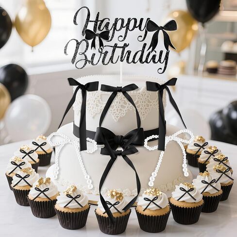 40 قطعة القوس كب كيك توبر أسود 1 عيد ميلاد سعيد لؤلؤة Bowknot كعكة توبر Coquette 3D الشريط كب كيك الزينة لاستحمام الطفل لطيف كعكة الحلوى يختار الجمالية حفل زفاف غرفة ديكور لوازم in Kuwait