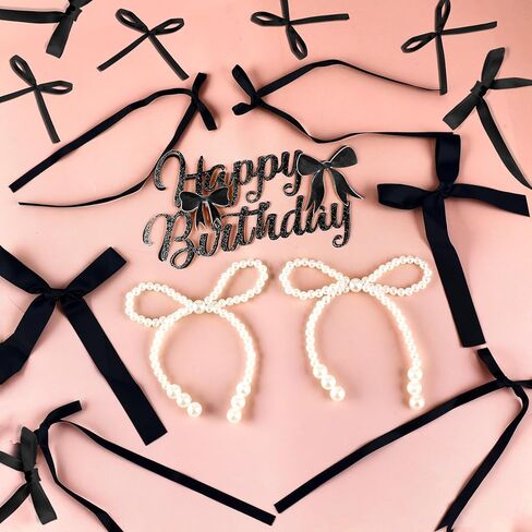 40 قطعة القوس كب كيك توبر أسود 1 عيد ميلاد سعيد لؤلؤة Bowknot كعكة توبر Coquette 3D الشريط كب كيك الزينة لاستحمام الطفل لطيف كعكة الحلوى يختار الجمالية حفل زفاف غرفة ديكور لوازم in Kuwait