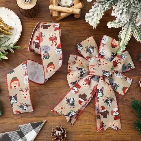 Christmas Wired Edge Ribbon Roll Pet Dog Fabric Wrapping Ribbon for Xmas DIY Crafts Wreath Bow Making, 12 Yard in Saudi Arabia