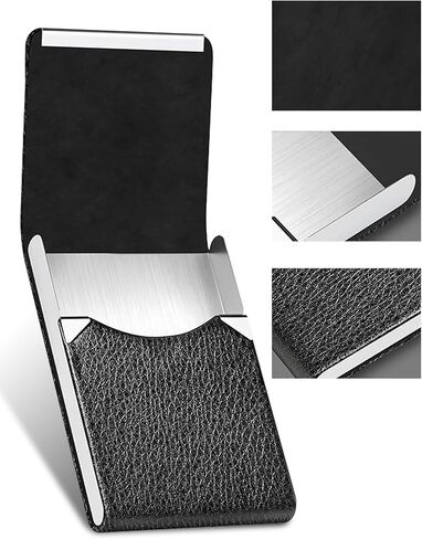 Business Card Holder, PU Leather Business Card Case Pocket Card Holders for Men or Women, Metal Slim Name Card Holder RFID Blocking Business Card Carrier with Magnetic Closure, Black in Saudi Arabia