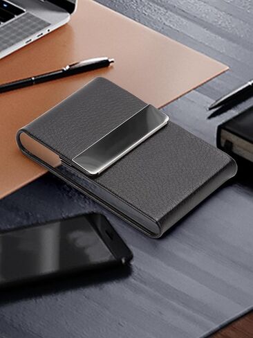 Business Card Holder, PU Leather Business Card Case Pocket Card Holders for Men or Women, Metal Slim Name Card Holder RFID Blocking Business Card Carrier with Magnetic Closure, Black in Saudi Arabia