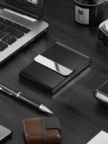 Business Card Holder, PU Leather Business Card Case Pocket Card Holders for Men or Women, Metal Slim Name Card Holder RFID Blocking Business Card Carrier with Magnetic Closure, Black in Saudi Arabia