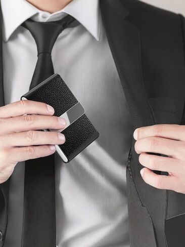 Business Card Holder, PU Leather Business Card Case Pocket Card Holders for Men or Women, Metal Slim Name Card Holder RFID Blocking Business Card Carrier with Magnetic Closure, Black in Saudi Arabia