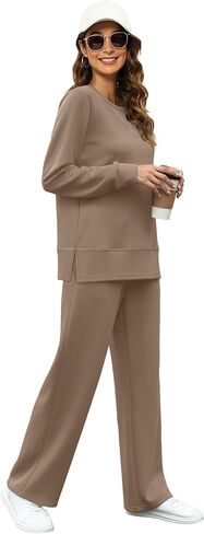 OFEEFAN Women's 2 Piece Lounge Set Travel Airport Outfits Side Slit Tracksuit Wide Leg Loungewear Baggy Comfy Sweatsuit S-3XL in Kuwait