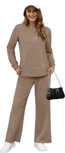 OFEEFAN Women's 2 Piece Lounge Set Travel Airport Outfits Side Slit Tracksuit Wide Leg Loungewear Baggy Comfy Sweatsuit S-3XL in Kuwait