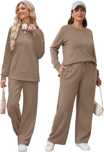 OFEEFAN Women's 2 Piece Lounge Set Travel Airport Outfits Side Slit Tracksuit Wide Leg Loungewear Baggy Comfy Sweatsuit S-3XL in Kuwait