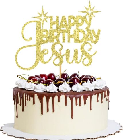 1 PCS Happy Birthday Jesus Cake Topper，Merry Christmas Nativity Jesus Birthday Cake Pick，Gold Glitter Winter Holiday Christmas Party Supplies in Saudi Arabia
