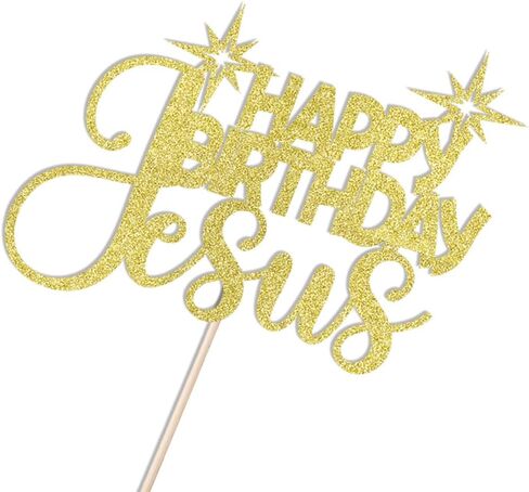 1 PCS Happy Birthday Jesus Cake Topper，Merry Christmas Nativity Jesus Birthday Cake Pick，Gold Glitter Winter Holiday Christmas Party Supplies in Saudi Arabia