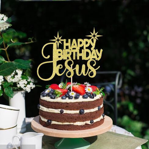 1 PCS Happy Birthday Jesus Cake Topper，Merry Christmas Nativity Jesus Birthday Cake Pick，Gold Glitter Winter Holiday Christmas Party Supplies in Saudi Arabia